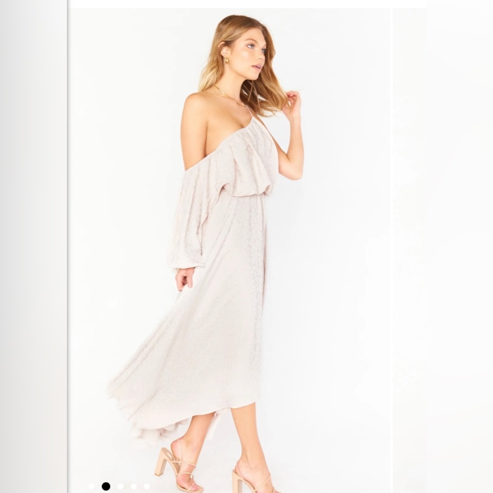 show me your mumu taupe cheetah silky event midi dress